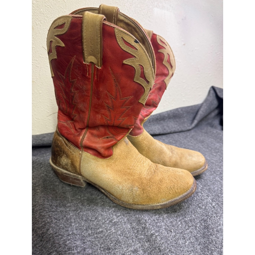 Vintage Boulet Cowboy Boots Mens 9 E Red Tan Leather Suede Western Made Canada